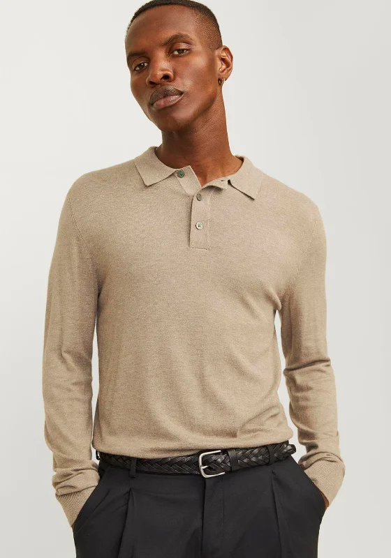 Jack & Jones William Long Sleeve Knit Polo Shirt, Greige