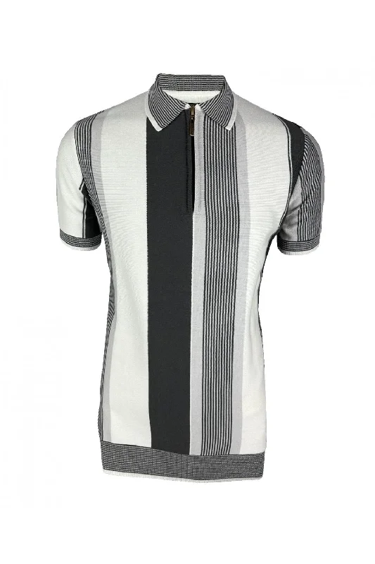 Ska & Soul Men's SS2541 Mixed Stripe Fine Gauge Zip Polo Shirt Mono Black White