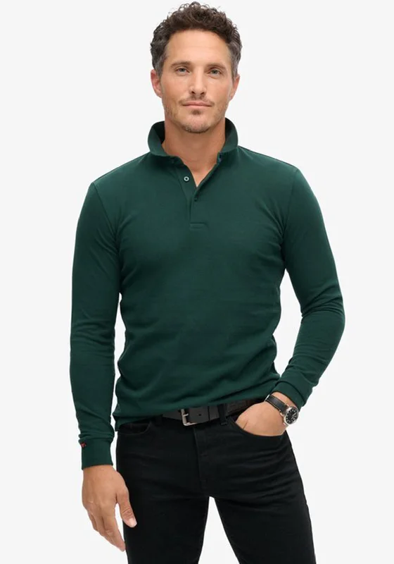 Superdry Long Sleeve Pique Polo Shirt, Forest Green