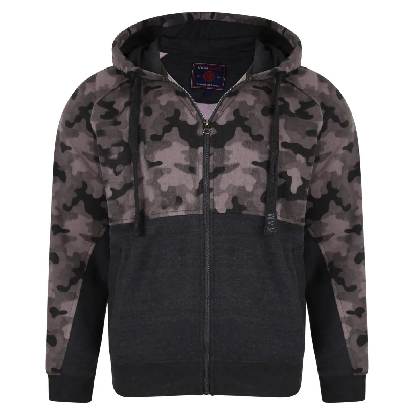 Kam KBS7036 Camo Panelled Zip Thru Hoodie 2XL-8XL, 2 Colours