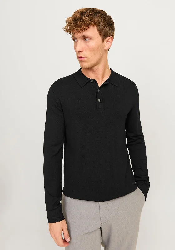 Jack & Jones William Long Sleeve Knit Polo Shirt, Black