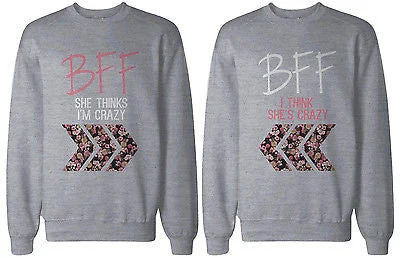 Crazy BFF Floral Print Grey Sweatshirts for Best Friends Matching Sweater