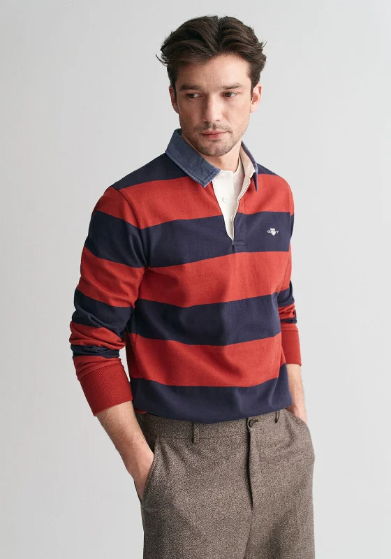 Gant Chambray Heavy Rugger Barstripe Polo Shirt, Iron Red