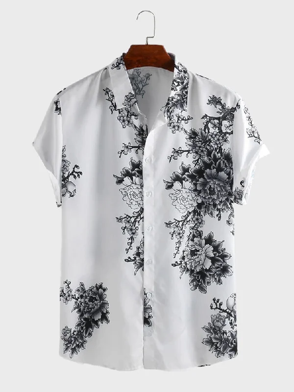 Ink Blossom Print Beach Shirt Set for Men