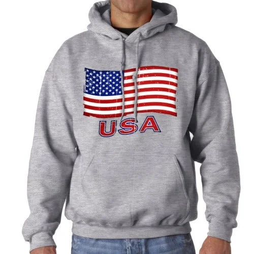 Waving American Flag Mens Hooded Sweatshirt - Grey