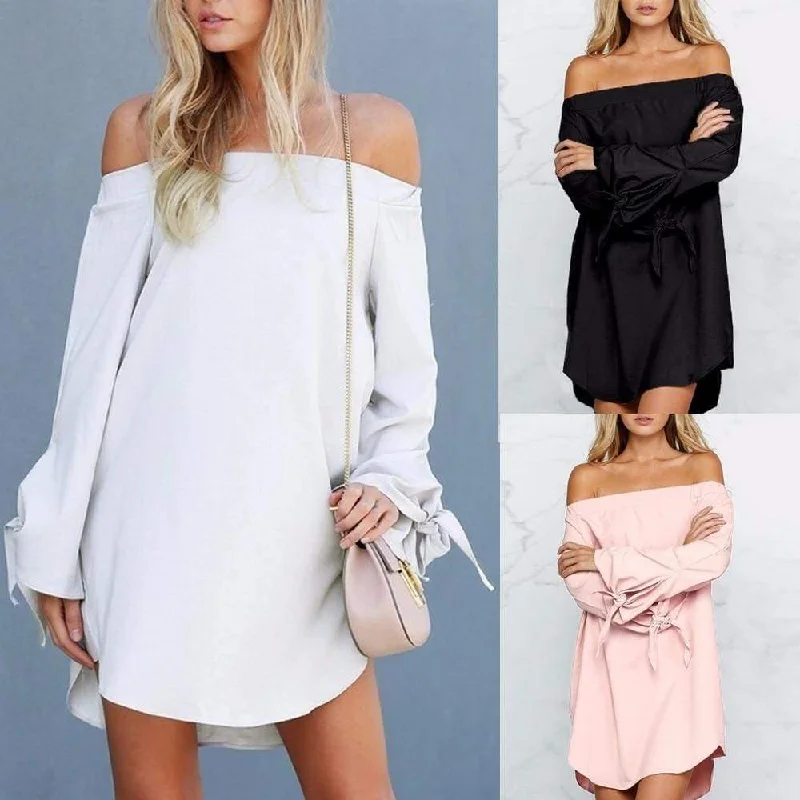 Summer Women Sexy Off-Shoulder Long Sleeve Casual Loose Mini Dress