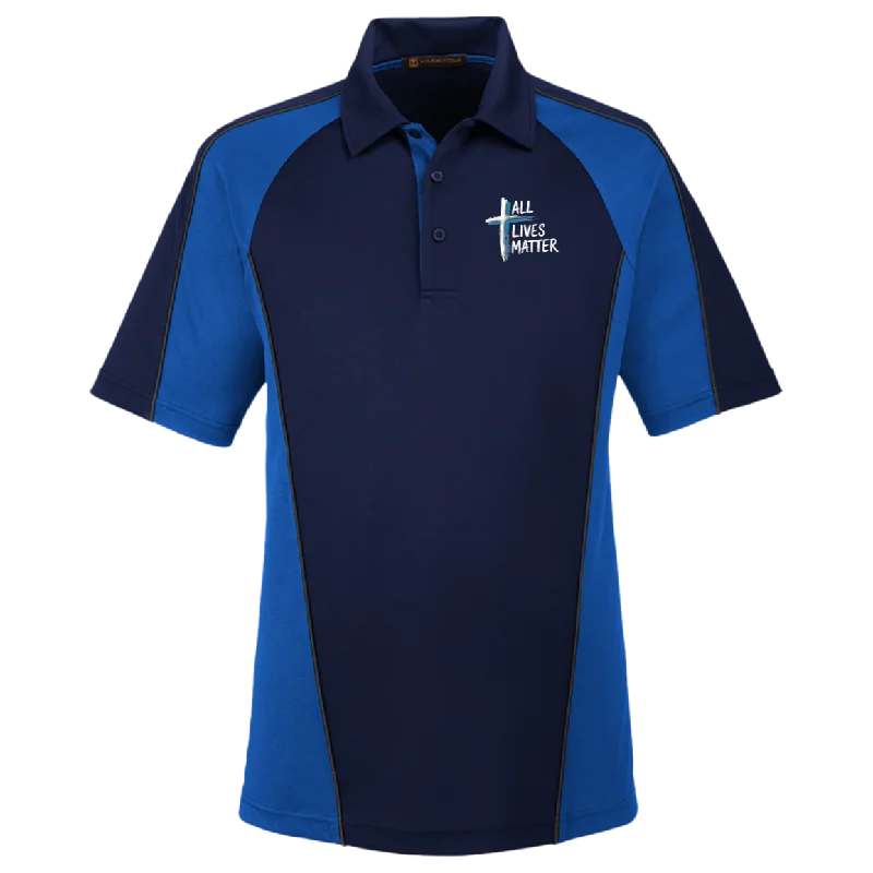 Outspoken Designs 04-02 "All Lives Matter" Designer Harriton Men's Advantage Plus Colorblock Polo Shirt (Dark Navy+True Royal)