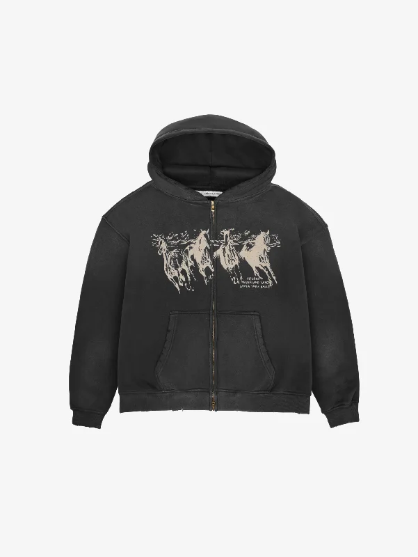 BLACK VINTAGE WASHED ZIP HOODED "WILDHORSES"