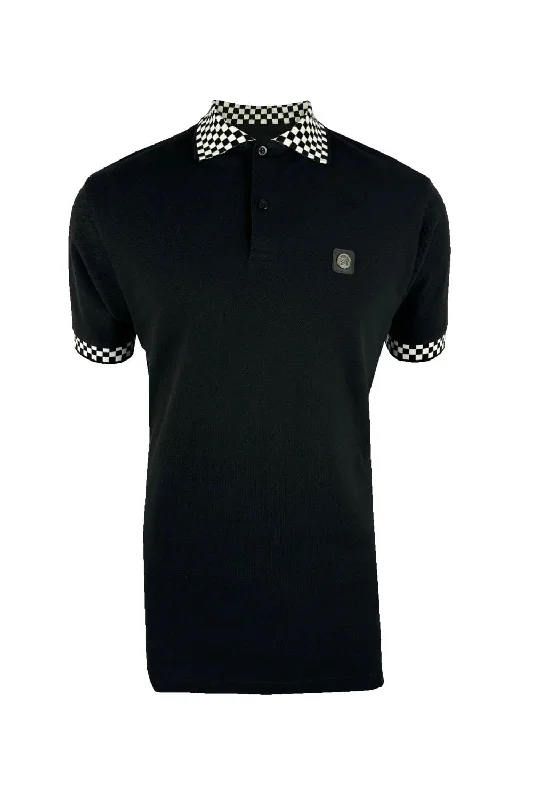 Trojan Records Men's TR8929 SS Chequerboard Trim Polo Shirt Black