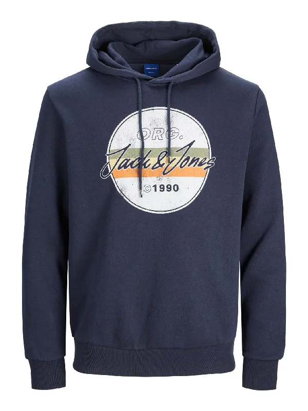 Jack & Jones Plus Size Men's Printed 1990 Sweat Hood in Navy Blazer Size US1XL-US6XL