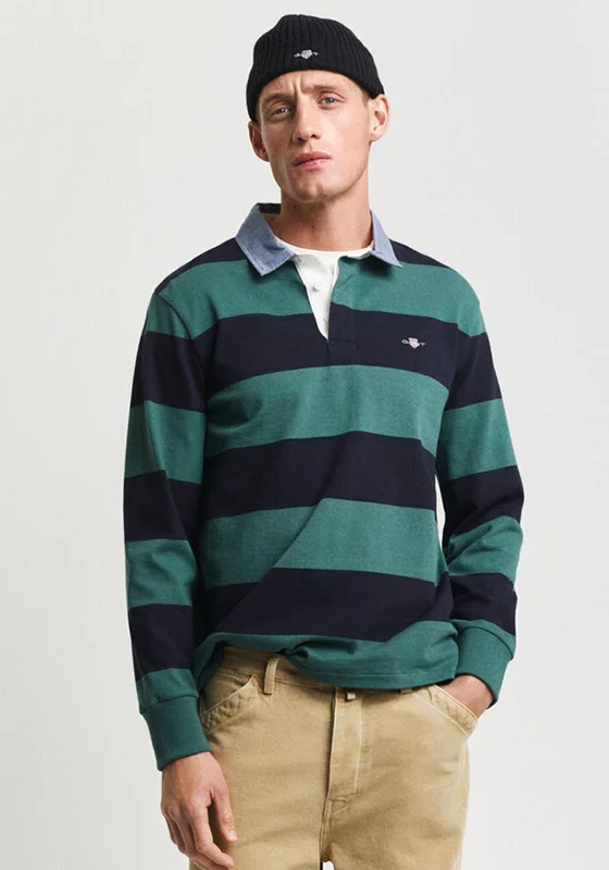 Gant Chambray Heavy Rugger Barstripe Polo Shirt, Woody Green