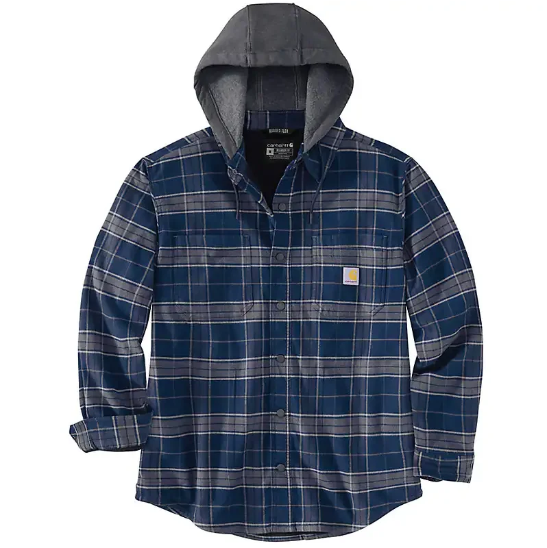 Rugged flex® relaxed fit flannel fleece lined hooded shirt jacket - Navy/Bluestone