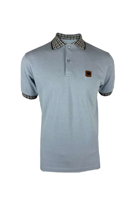 Trojan Records Men's TR8865 SS Gingham Check Trim Pique Polo Shirt Sky Blue