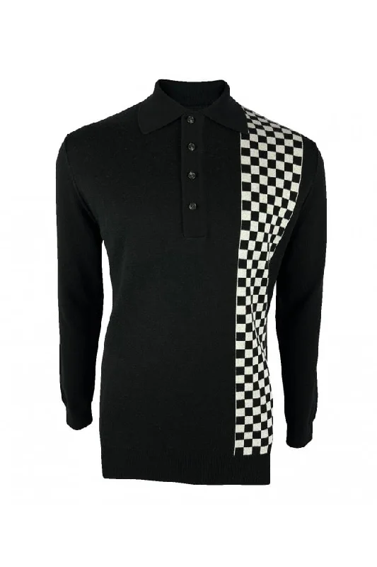 Ska & Soul Men's SS2558 'Weller' Chequerboard Fine Gauge Polo Shirt Black