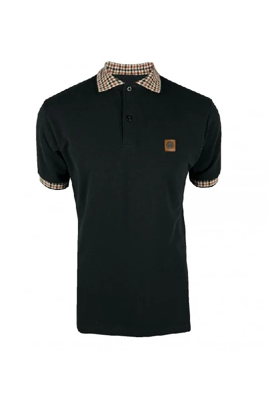 Trojan Records Men's TR8865 SS Gingham Check Trim Pique Polo Shirt Black