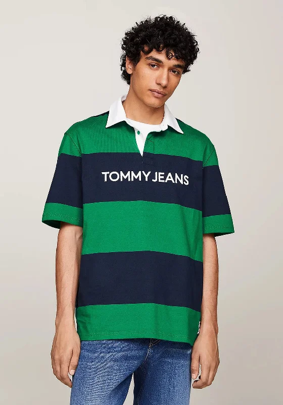 Tommy Jeans Classic Stripe Rugby Polo Shirt, Green Malachite