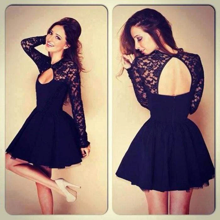 Sexy Women Floral Long Sleeve Lace Backless Evening Party Mini Dress