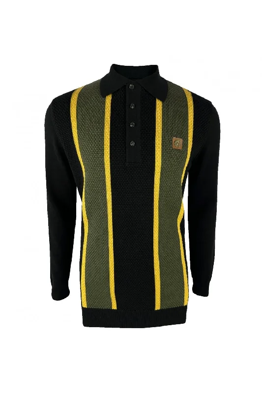 Trojan Records Men's TR8918 LS Textured Stripe Panel Polo Shirt Black