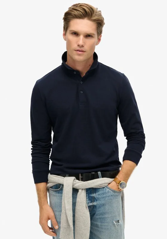 Superdry Long Sleeve Pique Polo Shirt, Eclipse Navy