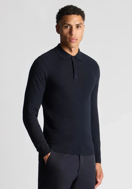 Remus Uomo Long Sleeve Knitted Polo Shirt, Navy