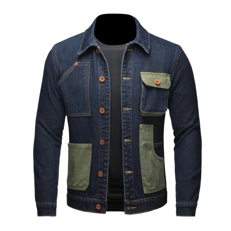 Dark Blue Patchwork Loose Fit Denim Dress Shirt for Men