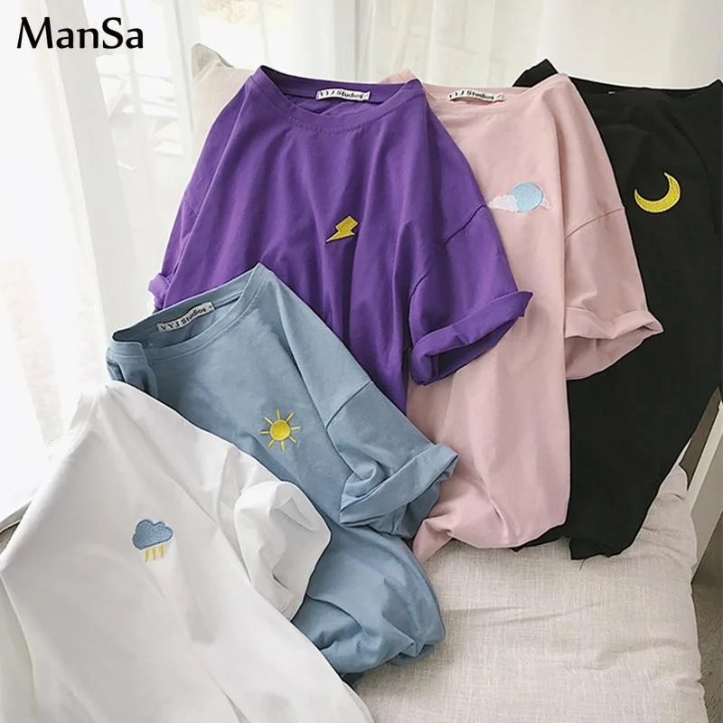 Korean cartoon Embroidery Loose basic t shirt autumn long Sleeve Simple T-shirts for Women harajuku Kawaii funny student tshirt