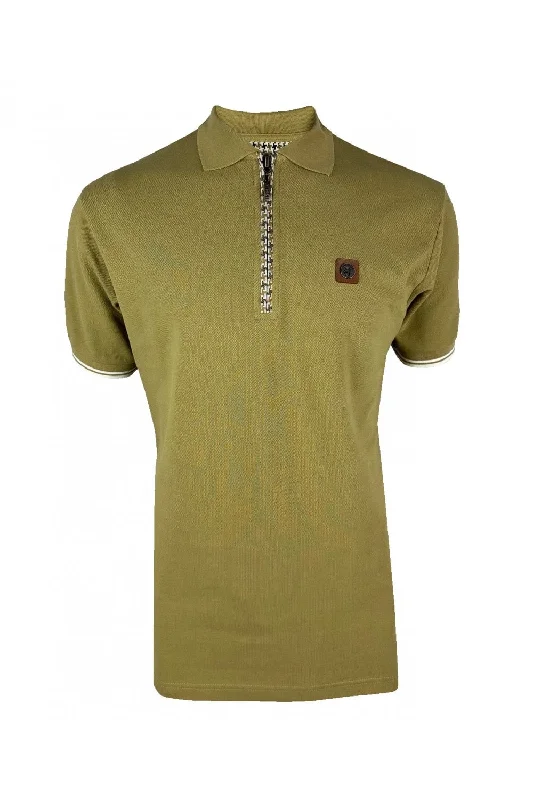 Trojan Records Men's TR8872 SS Houndstooth Trim Zip Pique Polo Shirt Camel