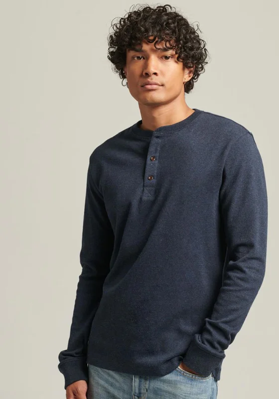 Superdry Henley Grandad Collar Long Sleeve Top, Trench Navy Marl