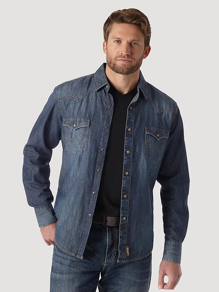 Wrangler Retro Long Sleeve Blue Denim Western Shirt